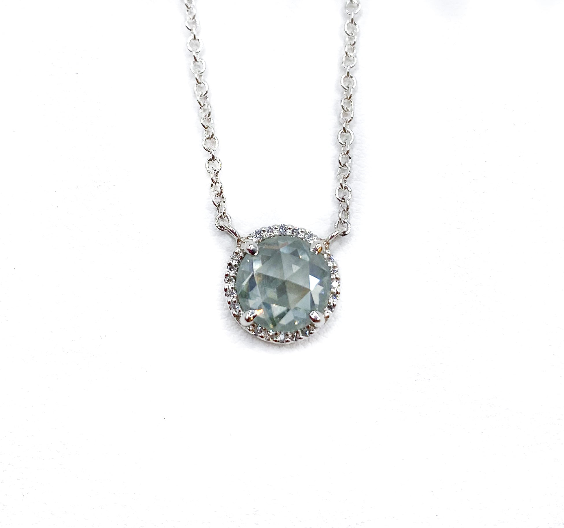 Blue Moissanite and Diamond Halo Necklace
