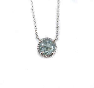 Blue Moissanite and Diamond Halo Necklace